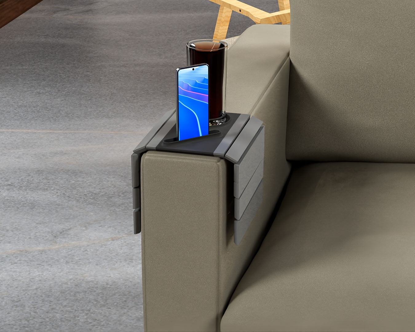 🛋️ Couch Arm Rest Caddy – Wide 3D Printed Sofa Tray with Phone, Snack & Drink Holder
