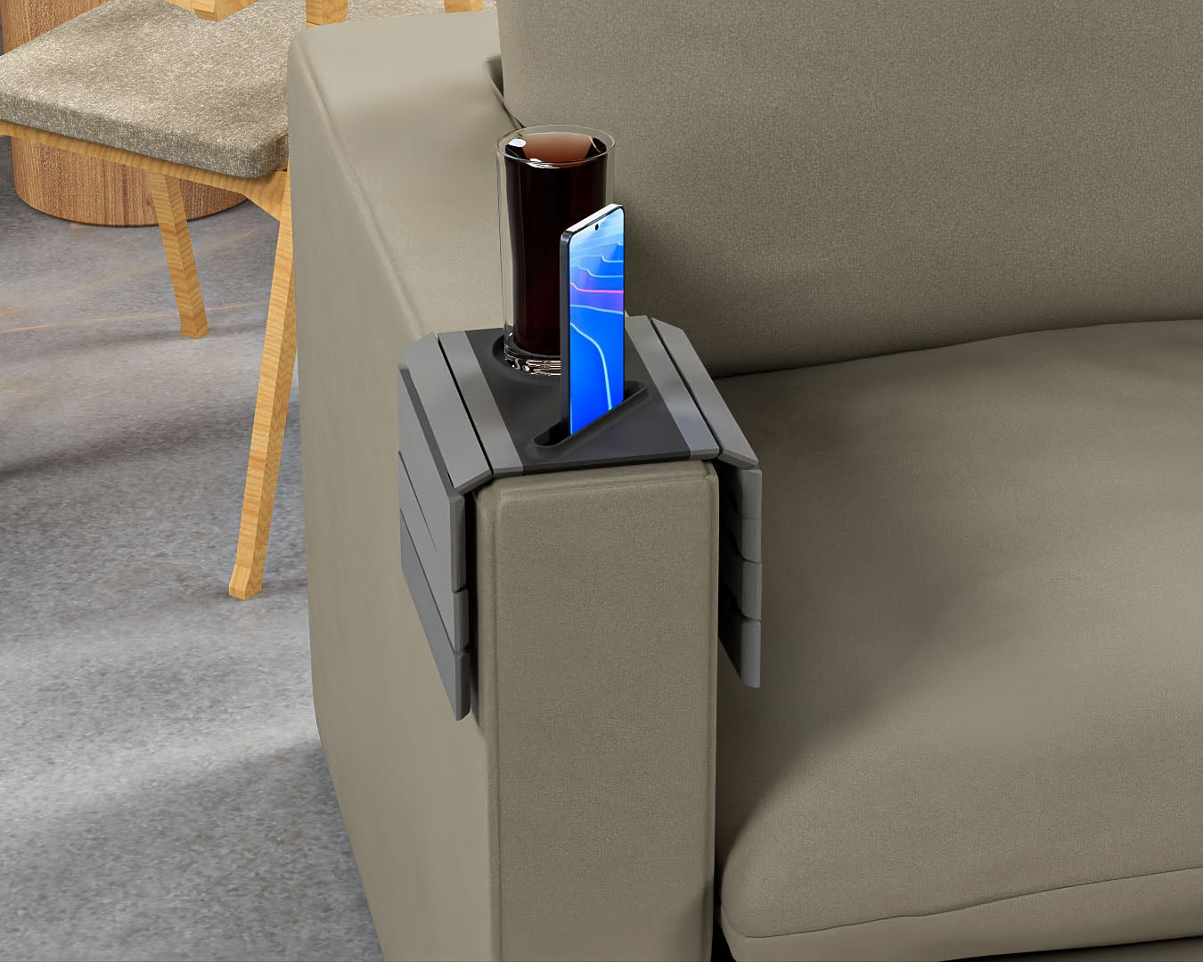 🛋️ Couch Arm Rest Caddy – Wide 3D Printed Sofa Tray with Phone, Snack & Drink Holder