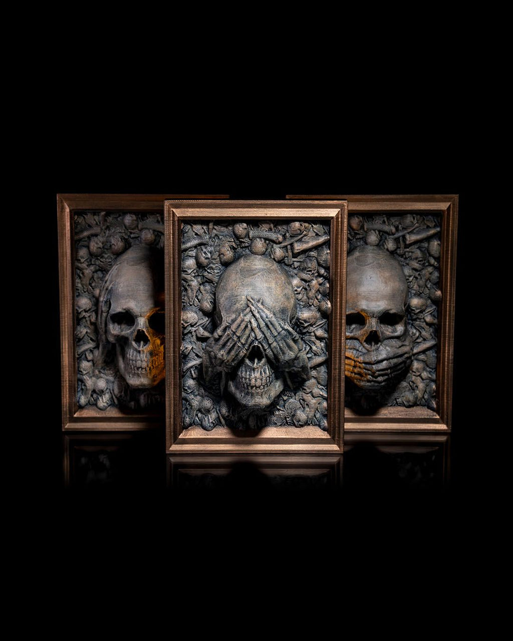 Three Wise Skulls (Set of 3) – Halloween Desk Ornaments | Gothic Office Décor | Spooky Collectible Figurines