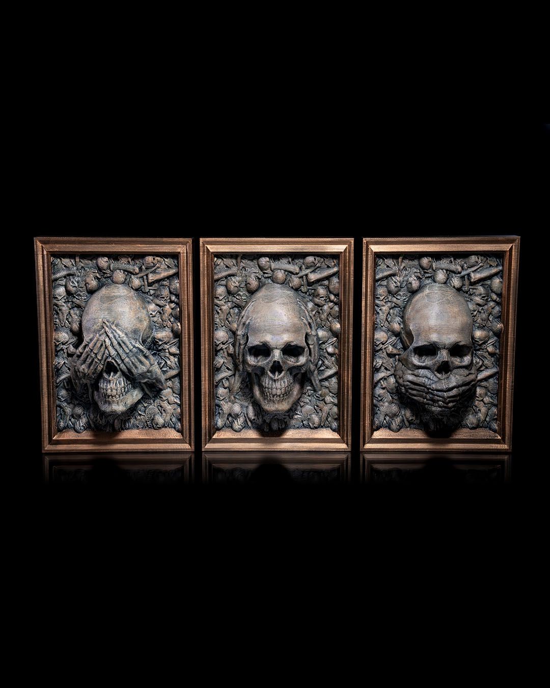 Three Wise Skulls (Set of 3) – Halloween Desk Ornaments | Gothic Office Décor | Spooky Collectible Figurines