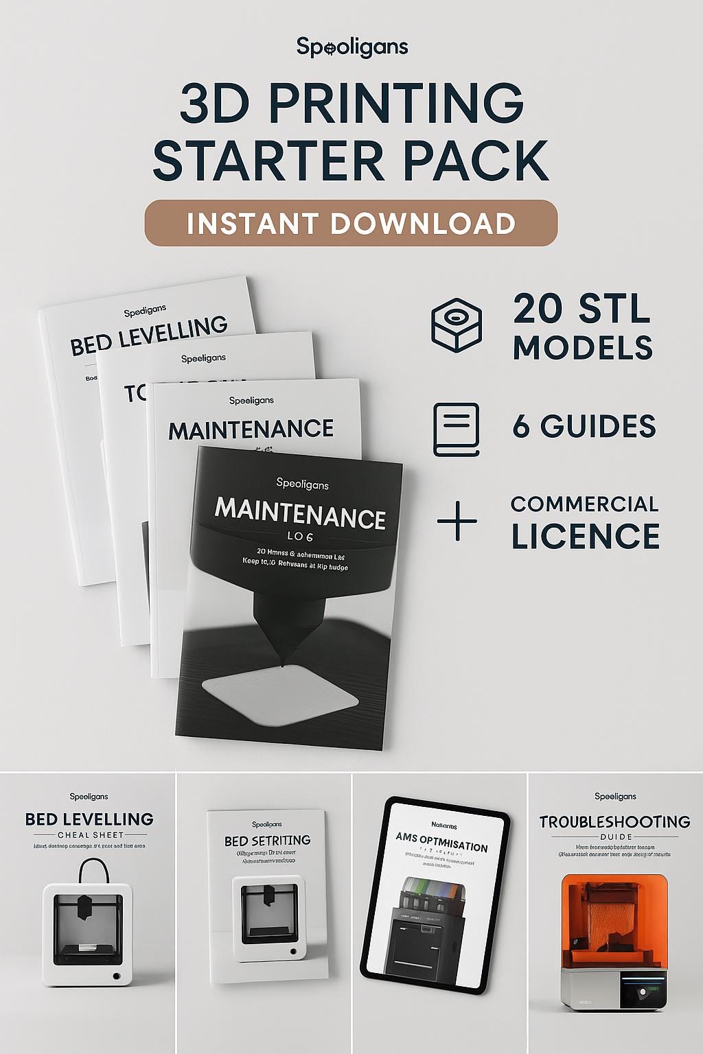 3D Printing Starter Pack – 20 STL Tool & Organiser Files + 6 Guides | Commercial Print Licence Included